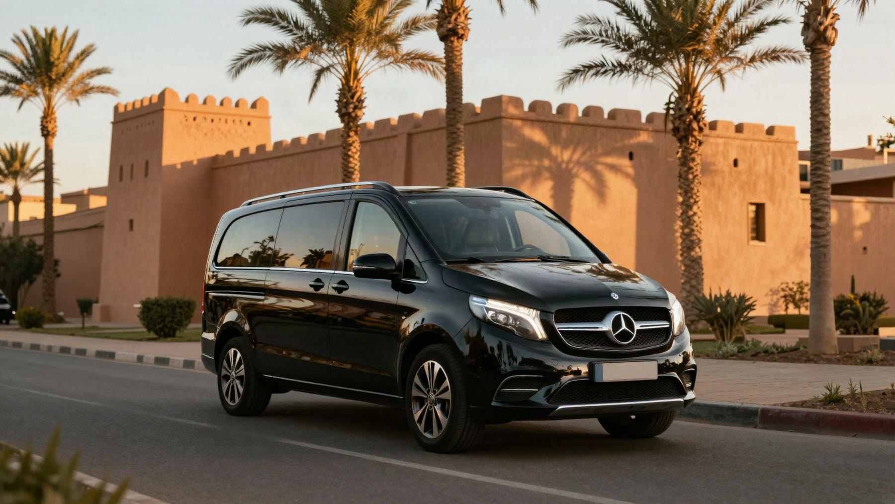 Van de luxe noir devant les remparts de Marrakech au coucher du soleil